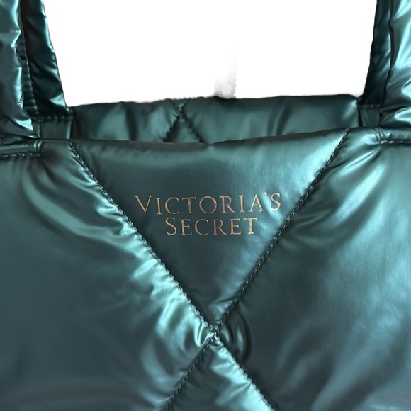Victoria's Secret Tote Quilted Puffy Shiny Double Shoulder StrapTeal Gold Logo - Picture 2 of 6